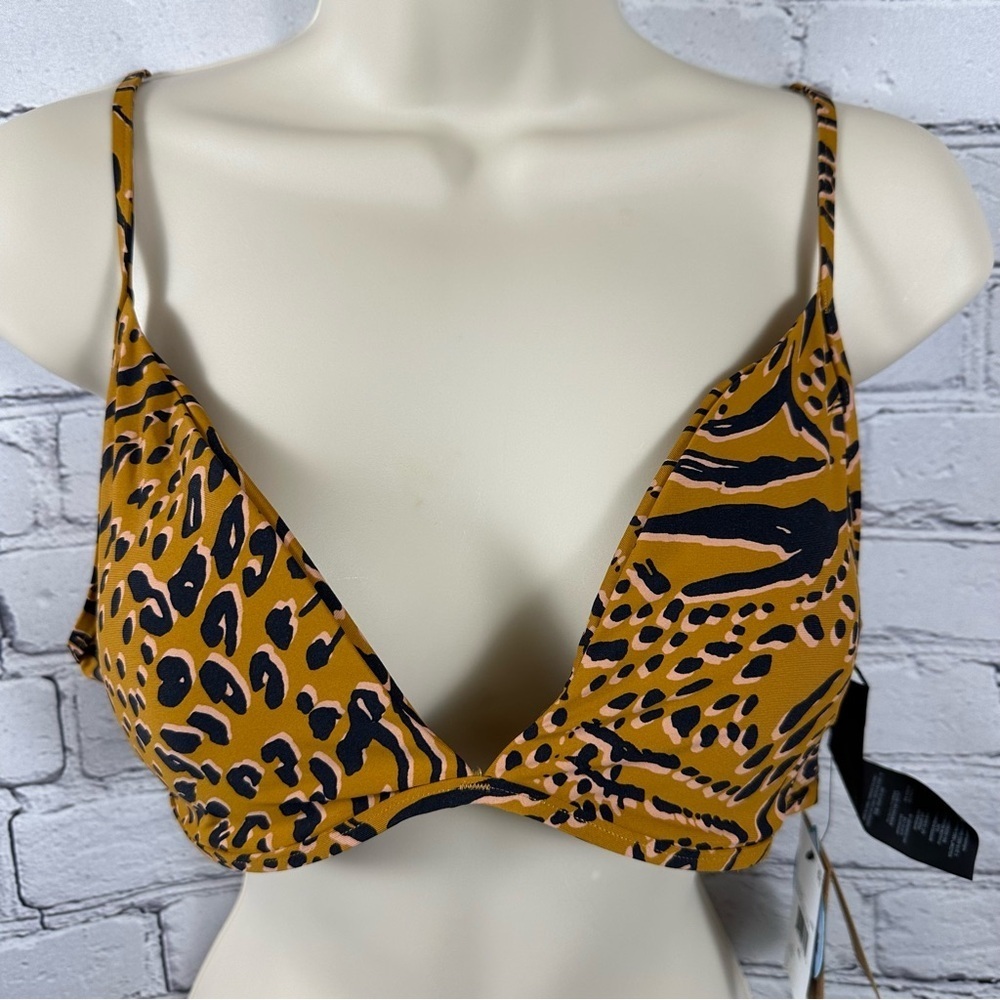 Volcom EcoTrue V-Neck Running Wild Bikini Top Adjustable Straps Brown Black NWT